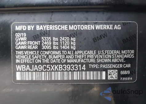 2019 BMW 530E Iperformance from USA, damaged, VIN WBAJA9C5XKB393314